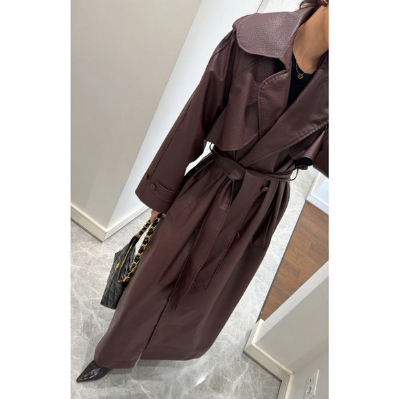 hot fashion Jackets & Blazers - Burgundy Faux Leather Trench Coat Long Belted Jacket Women Oversized Fall